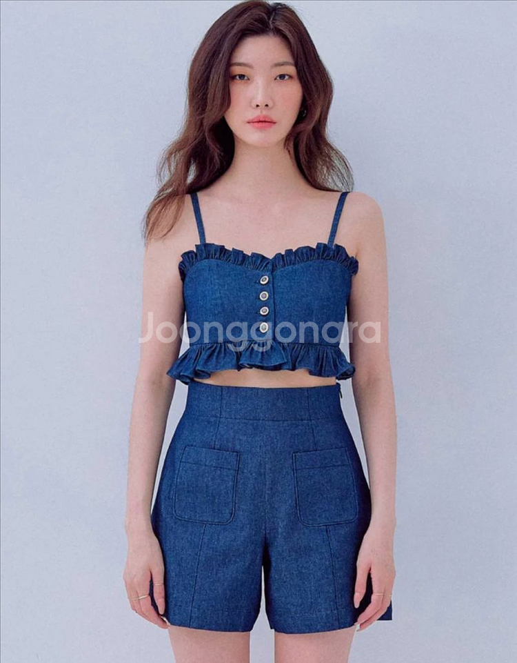 카리나착용 로비에띠 아쿠아탑 s 아쿠아팬츠m 셋업 데님--2