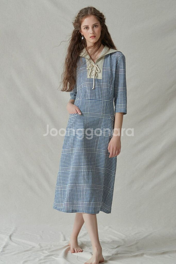 akro 아크로 세일러 카라 체크 원피스--2