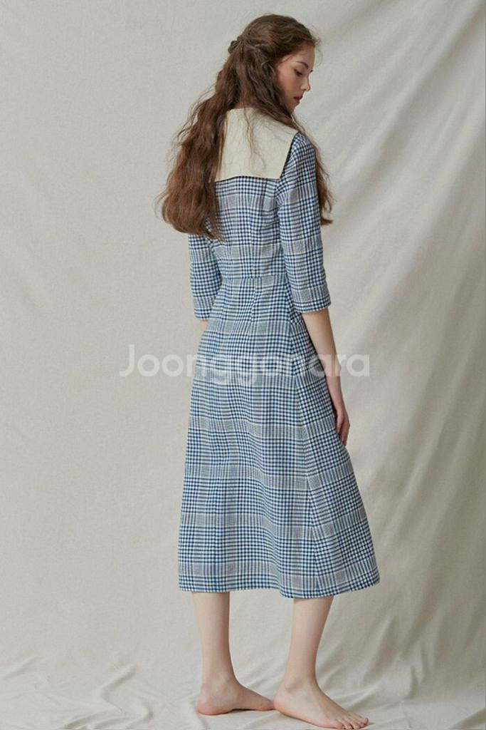 akro 아크로 세일러 카라 체크 원피스--3