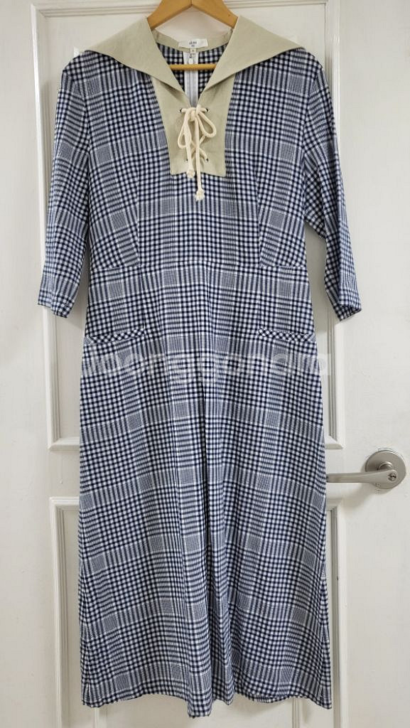 akro 아크로 세일러 카라 체크 원피스--6