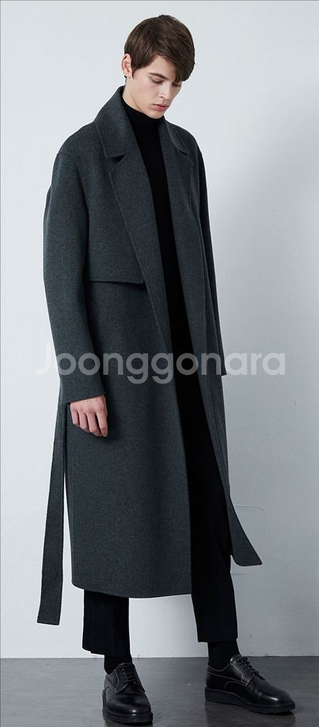 타임옴므 그레이 캐시미어 건플랩 벨티드 코트 95사이즈--9