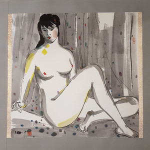 오관중, 미인도 중국화, 69x69cm, 1990년대