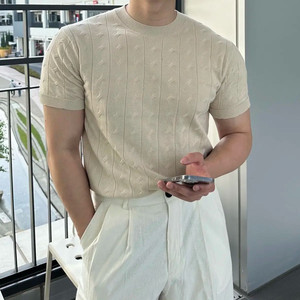 남자 케이블 반팔 니트 티셔츠
