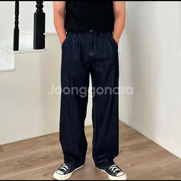 핀턱 와이드 반밴딩 데님 팬츠 생지 청바지--0