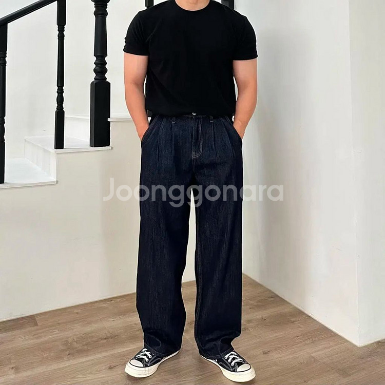 핀턱 와이드 반밴딩 데님 팬츠 생지 청바지--1