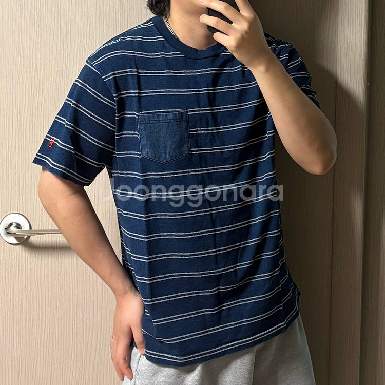 정품 에드윈 데님 포켓 스트라이프 반팔 티셔츠--0