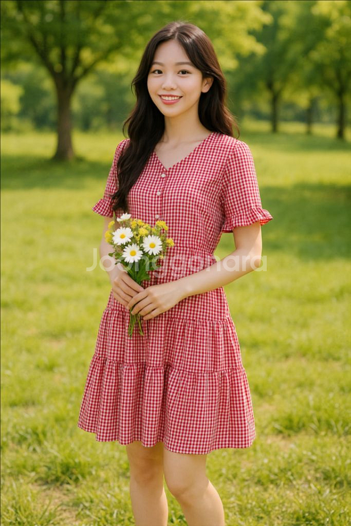 [여자 FREE]탑걸 레드 체크 프릴티어드 원피스--7
