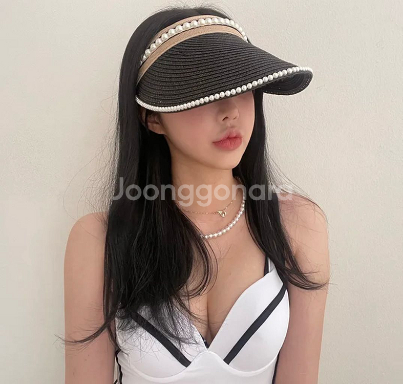 진주 밀짚 모자 밀짚 선캡 여름 바캉스 모자--0