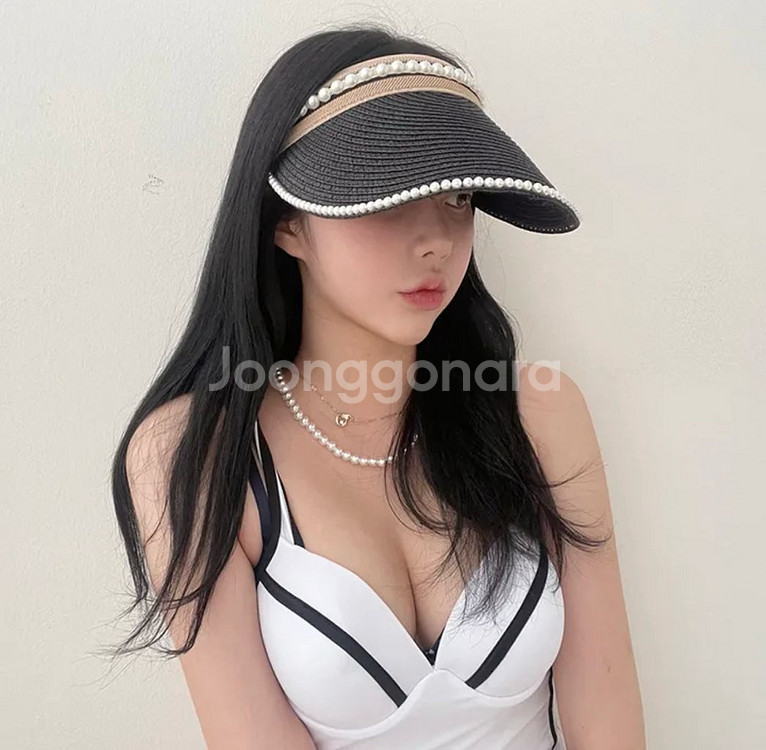 진주 밀짚 모자 밀짚 선캡 여름 바캉스 모자--1