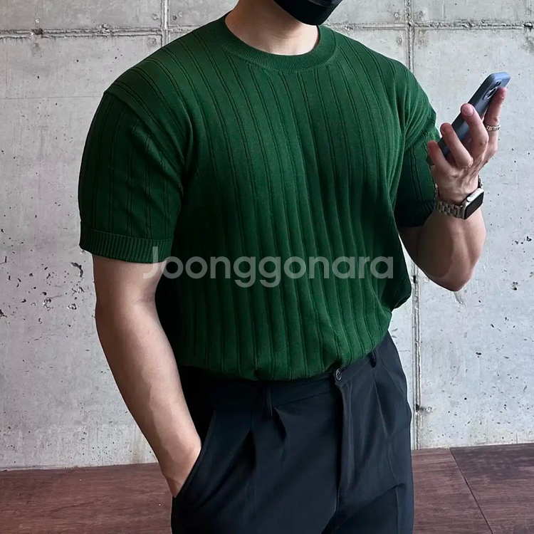남자 라운드 반팔 니트 골지 블루 그린--4