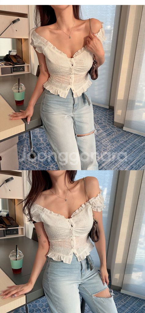 히프나틱 오프숄더 펀칭 블라우스 에이블리 화이트블라우스--1