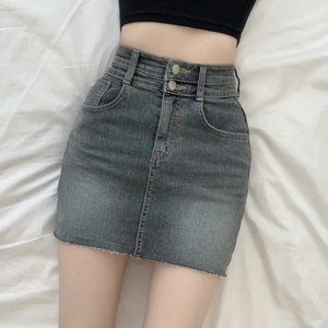 투버튼 빈티지 다크그레이 워싱 데님 미니 스커트