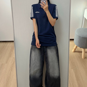 아디다스 삼선 네이비 카라 티셔츠
