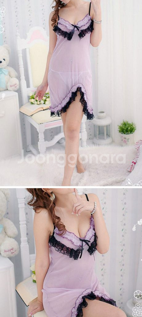 퍼플 레이스 시스루 슬립+티팬티 2종 55S--2