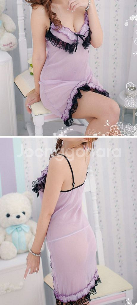 퍼플 레이스 시스루 슬립+티팬티 2종 55S--3