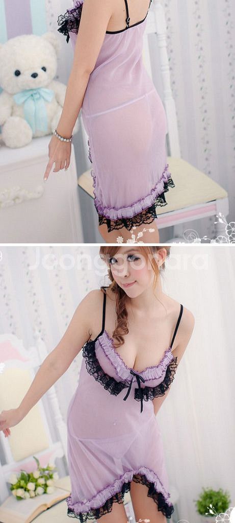 퍼플 레이스 시스루 슬립+티팬티 2종 55S--4