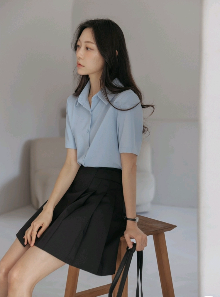 커먼유니크 언발 카라 반팔 블라우스 셔츠 이미지