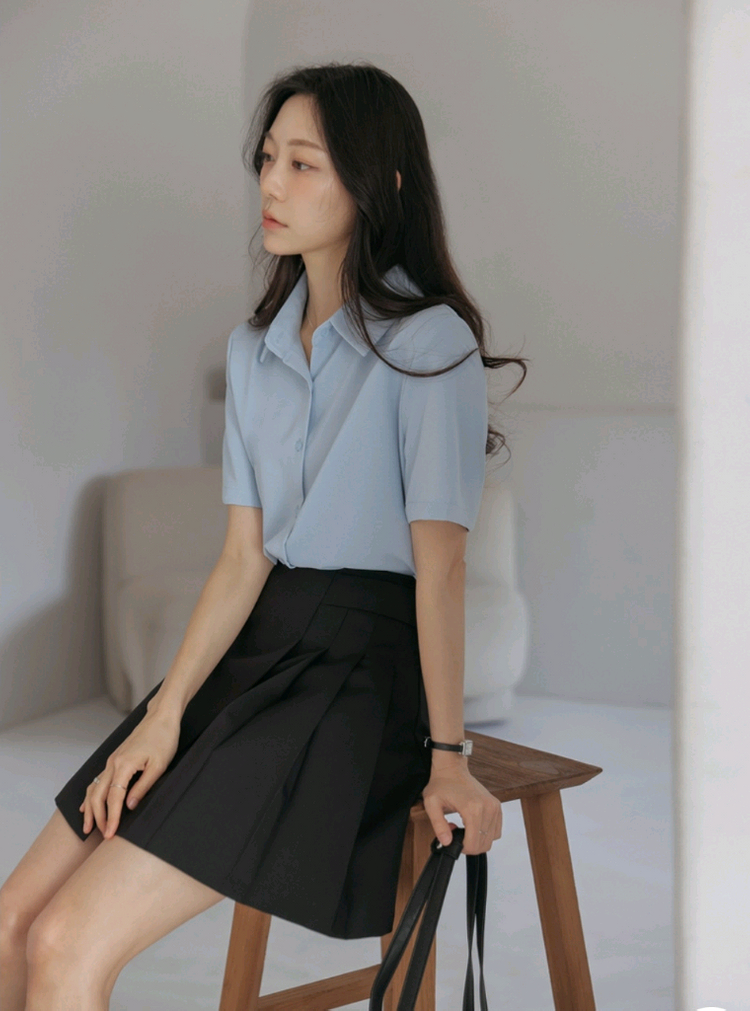 커먼유니크 언발 카라 반팔 블라우스 셔츠 이미지