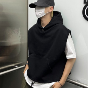 버튼 후드 베스트 조끼