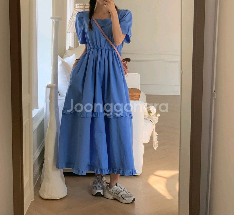 77가능 스퀘어넥 프릴 롱 원피스(2color)ㅡ무배--9