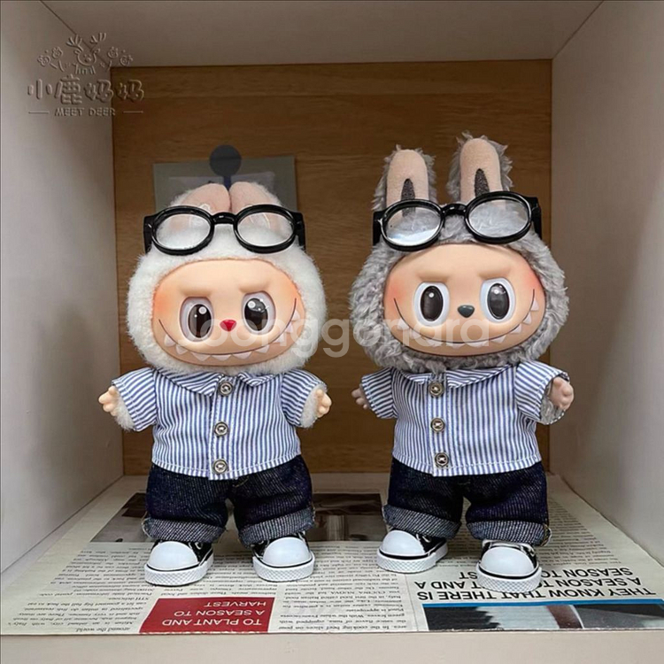 핸드메이드 라부부 인형 옷 스트라이프 셔츠 데님팬츠 세--0
