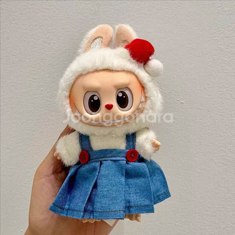 핸드메이드 라부부 인형옷 가디건 데님 멜빵 원피스 리본--4