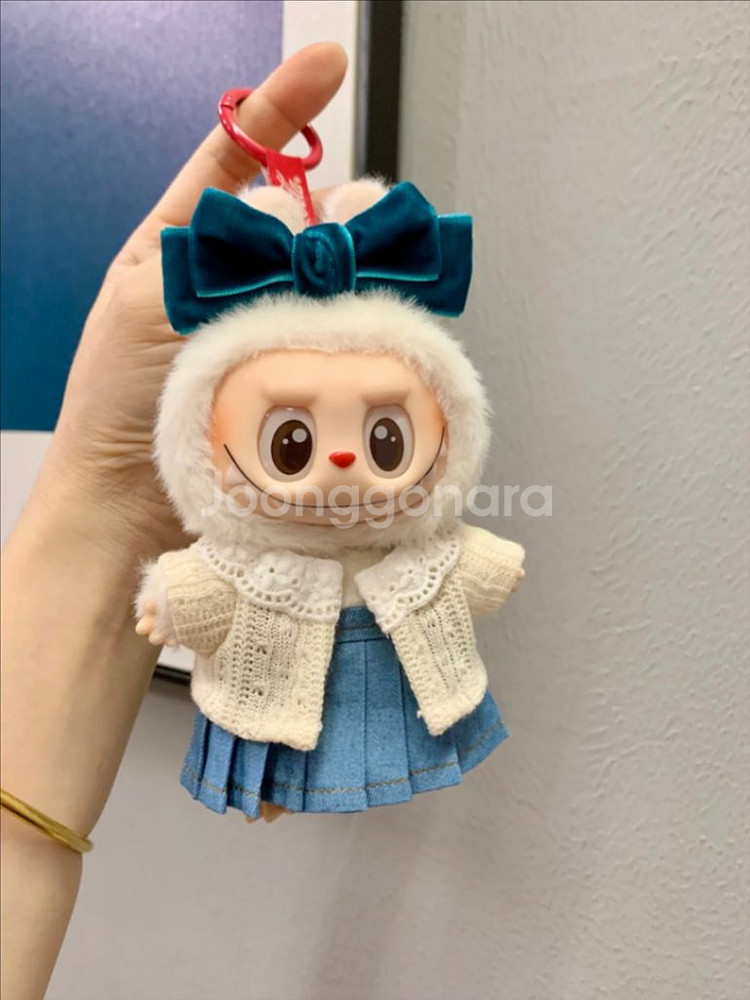 핸드메이드 라부부 인형옷 가디건 데님 멜빵 원피스 리본--0