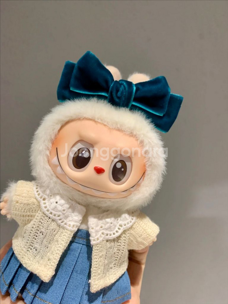 핸드메이드 라부부 인형옷 가디건 데님 멜빵 원피스 리본--1