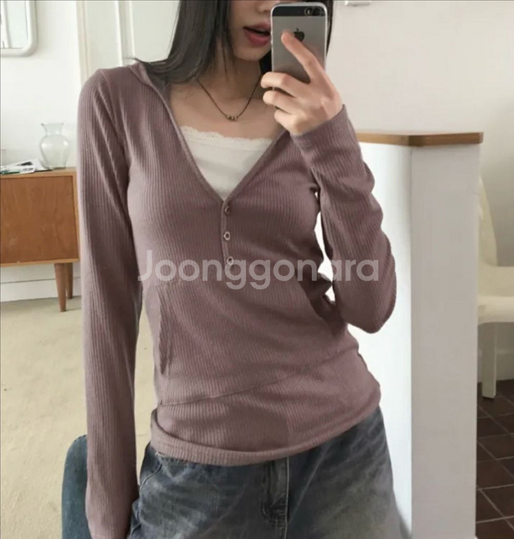 원더원더 티벗 빈티지 버튼 브이넥 골지 후드 다크퍼플--0