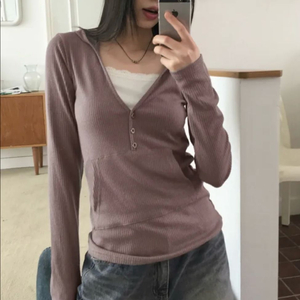 원더원더 티벗 빈티지 버튼 브이넥 골지 후드 다크퍼플