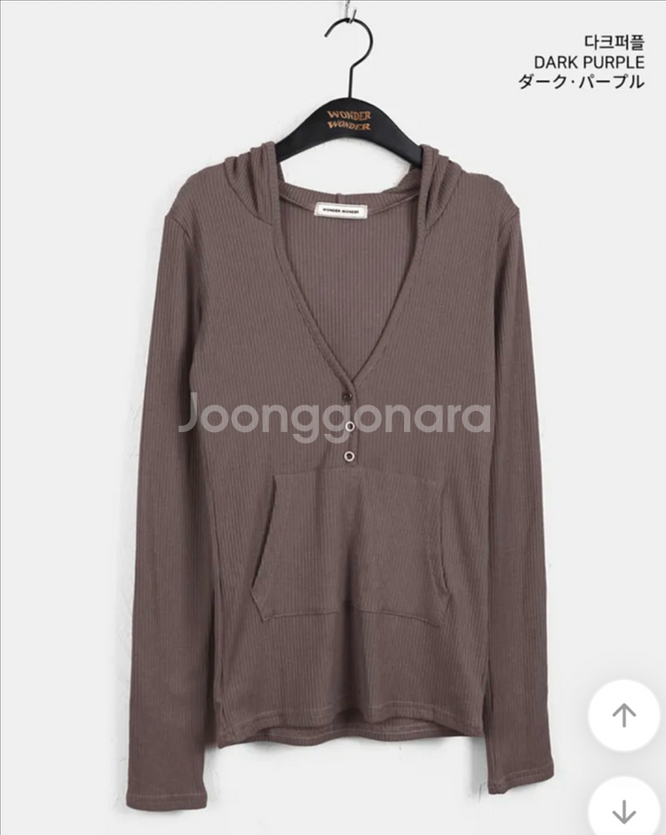 원더원더 티벗 빈티지 버튼 브이넥 골지 후드 다크퍼플--1