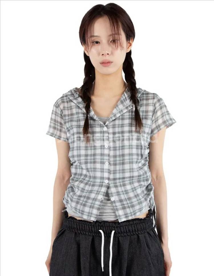 릿킴 체크 후드 셔츠 그린 애니원모어 엔하 체크 후드--0