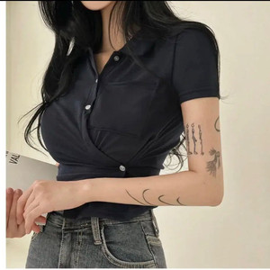 크롭 단추 반팔