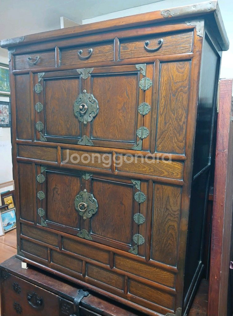 골동품 앤틱 인테리어 전통 고가구 황동장석 이층 문갑--0