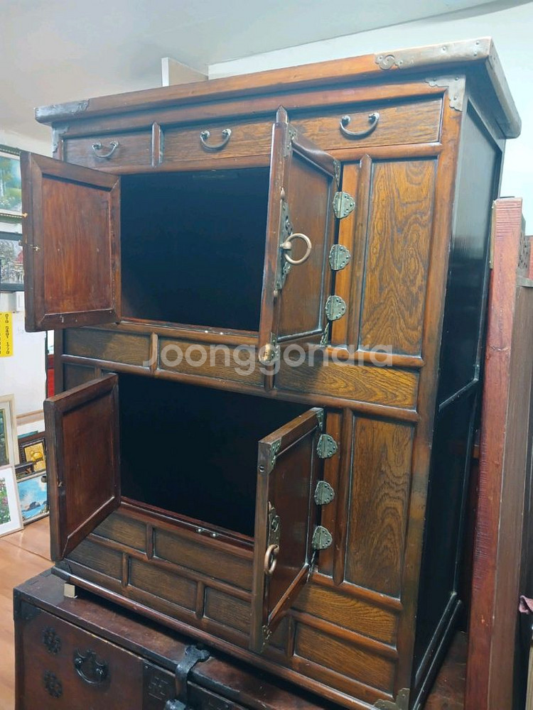 골동품 앤틱 인테리어 전통 고가구 황동장석 이층 문갑--1