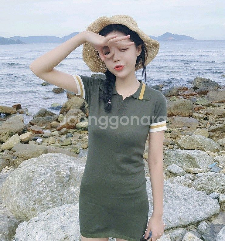 배색 반소매 슬림원피스--0