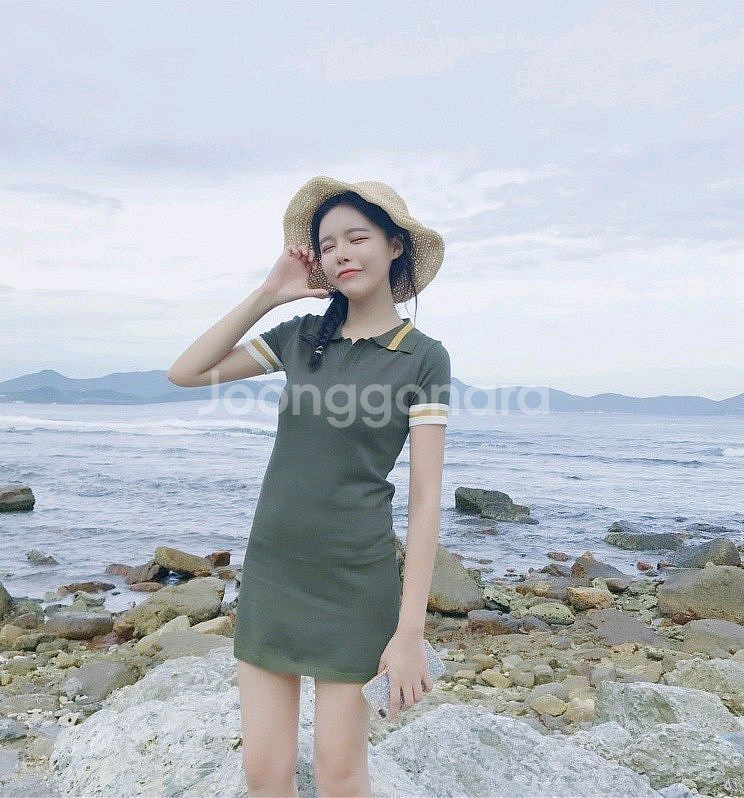 배색 반소매 슬림원피스--1