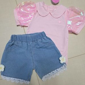 (새상품)여아 카라반팔+청반바지 여름 상하복세트110