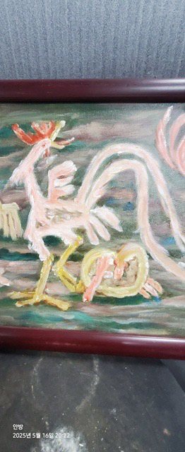 [골동품/그림] 이중섭 서명 닭과 가족 유화 액자--1
