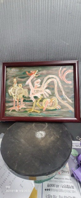 [골동품/그림] 이중섭 서명 닭과 가족 유화 액자--0