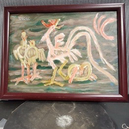 [골동품/그림] 이중섭 서명 닭과 가족 유화 액자
