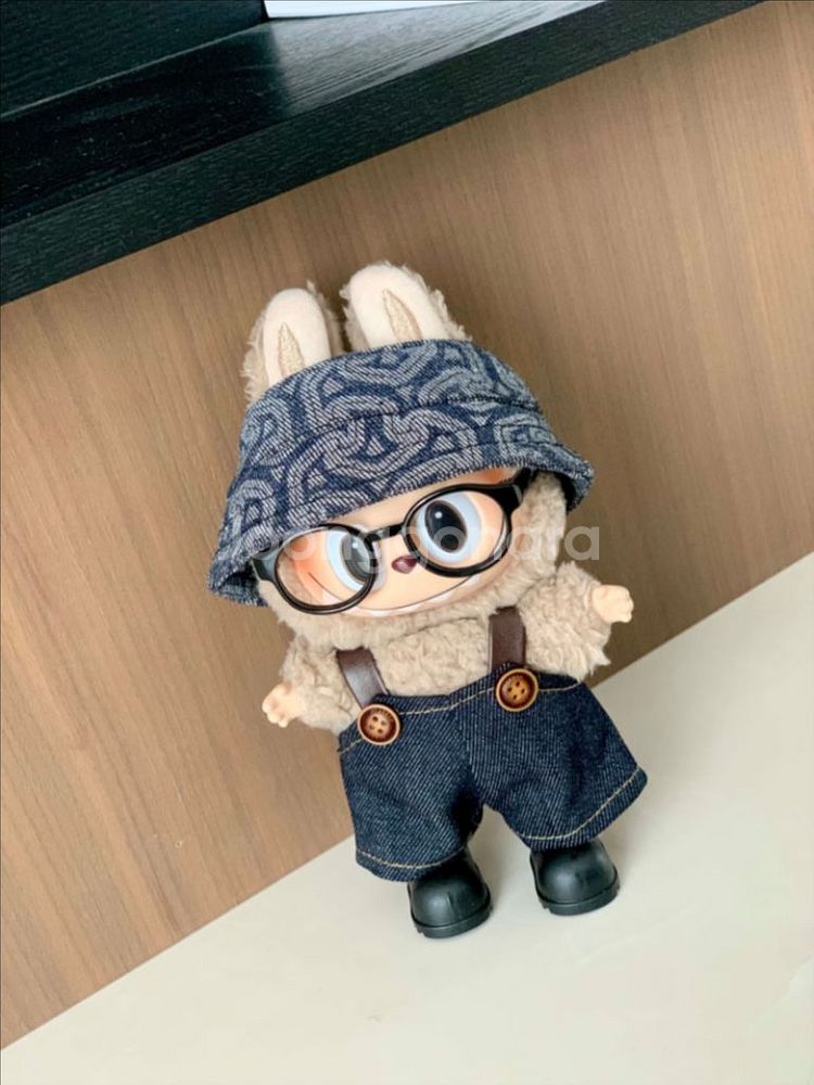 핸드메이드 라부부 인형옷 데님 멜빵바지 버킷햇 모자세트--2