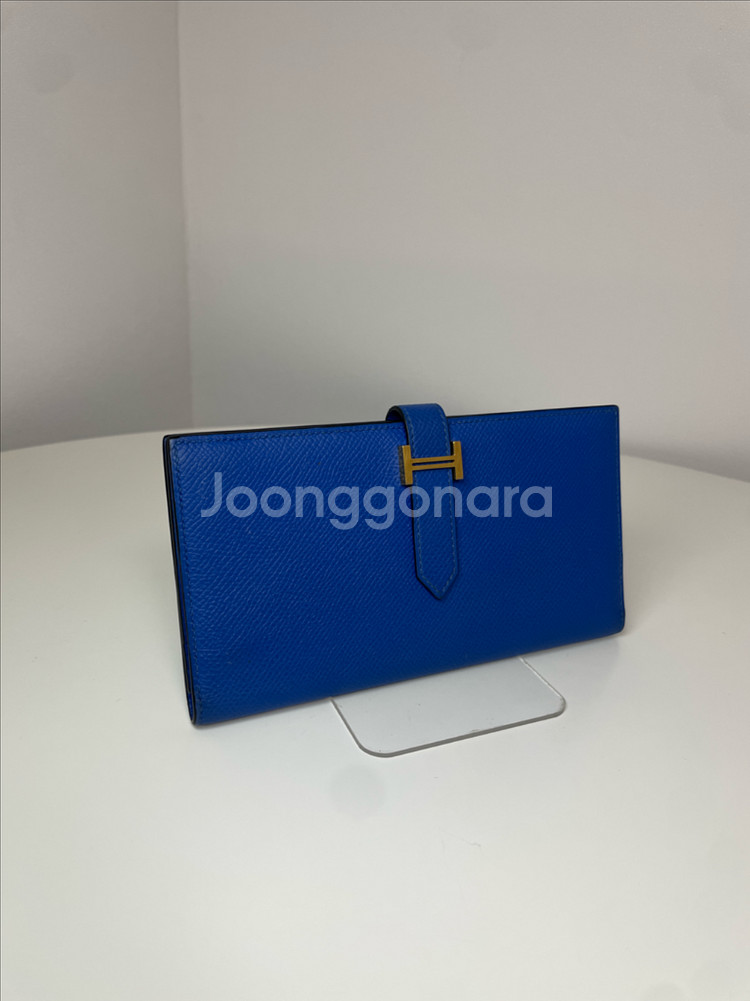 에르메스 베안 장지갑 블루 금장--1