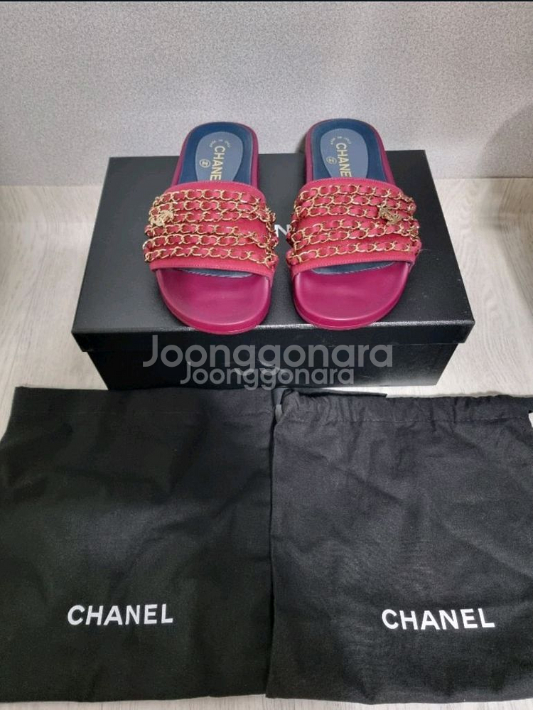 정품 여성 샤넬(G31627) 버건디 금장 체인 슬리퍼--0