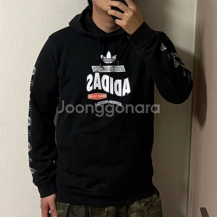 정품 아디다스 블랙 프린팅 후드티--0