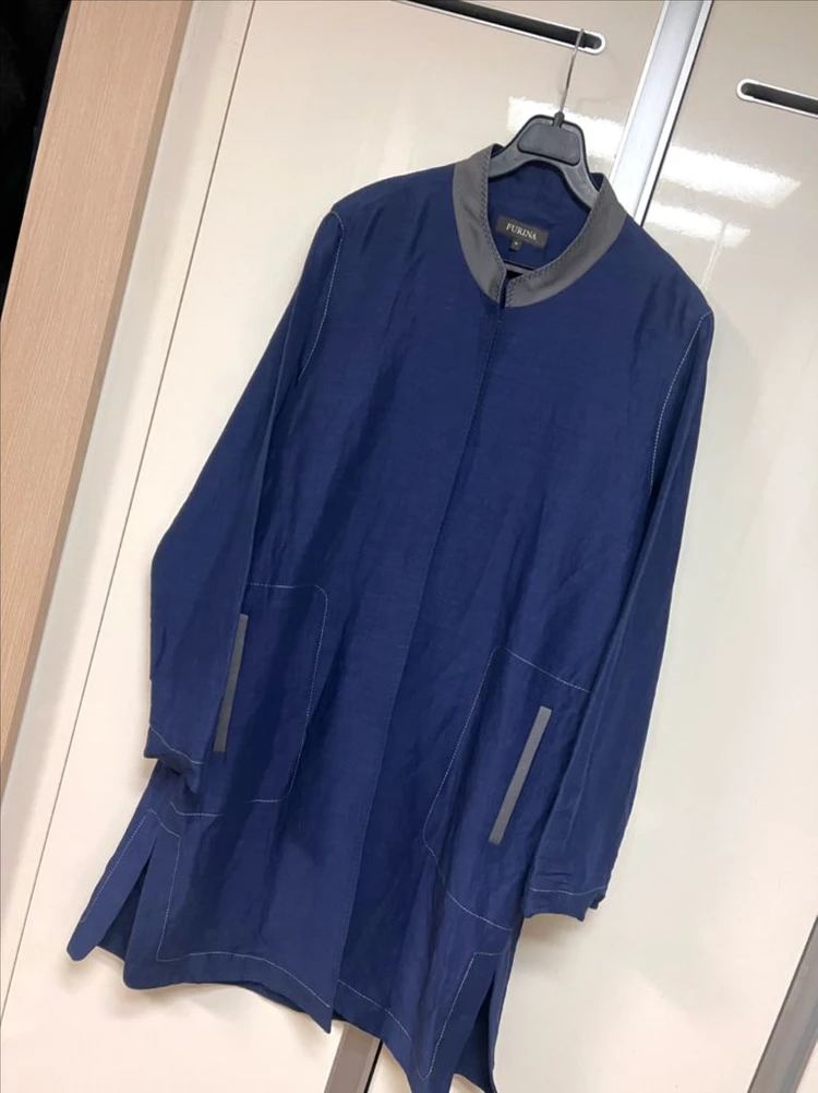 휴리나 FURINA 정가85만 린넨 코트 롱 자켓 네이비 트렌치 라운드 차이나넥 이미지
