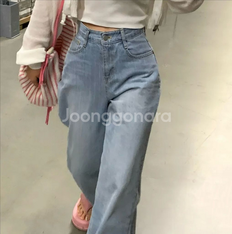 아쿠아 데님 롱 와이드 연청 팬츠--3