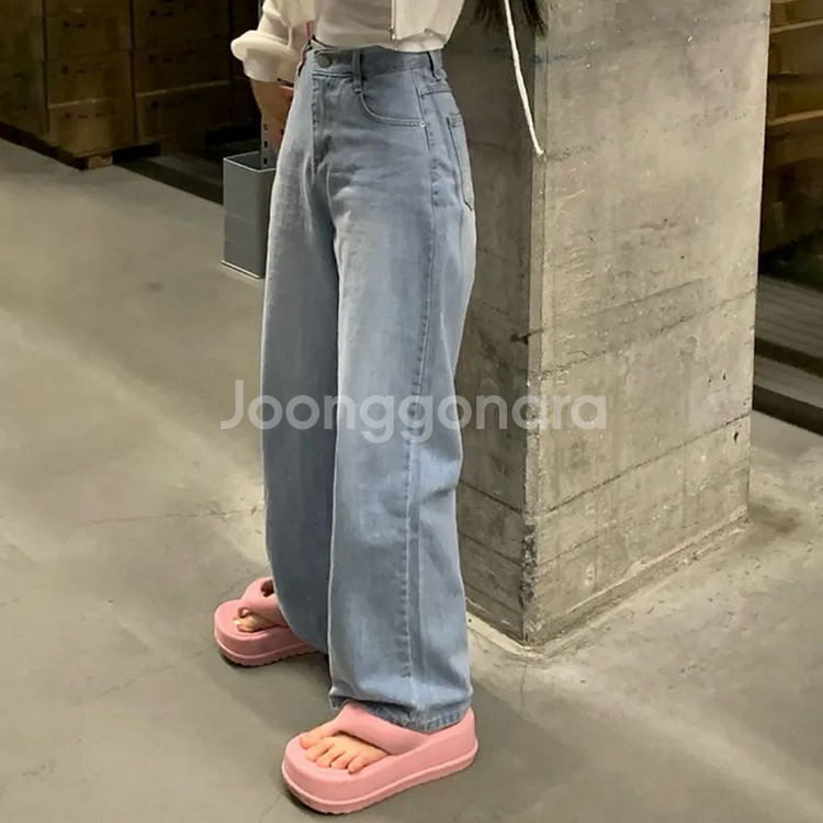 아쿠아 데님 롱 와이드 연청 팬츠--4