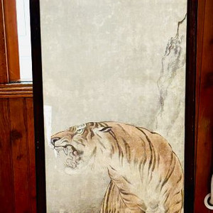 골동품 삼배천위에 수묵담채화 월광맹호도 600x1800