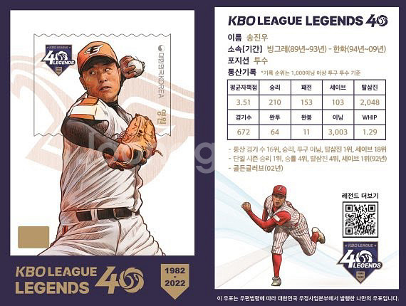 한국 프로야구 KBO 레전드 40인 기념우표 세트--4